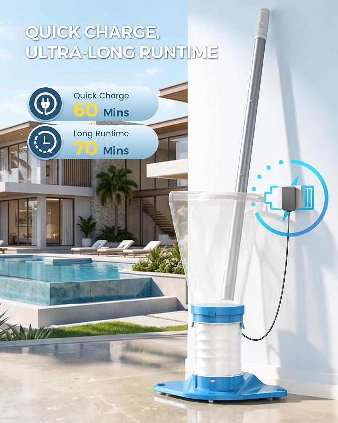 WAVIO Rechargeable Pool Leaf Vacuum Cleaner with Telescopic Pole, Runs Max 70-Mins, Cordless Pool Skimmer with Heavy Duty Mesh Bag, 48GPM Powerful Suction for Inground and Above Ground Pools