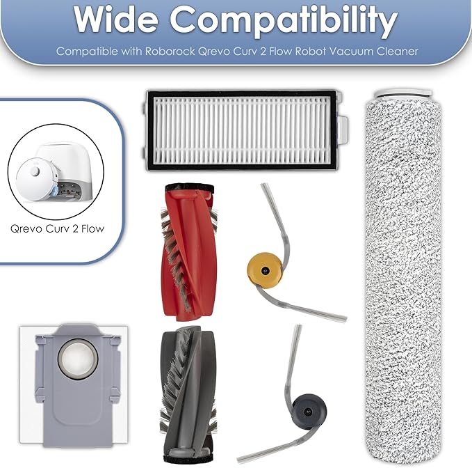 (23 Pack) Qrevo Curv 2 Flow Replacement Parts Compatible with Roborock Qrevo Curv 2 Flow Robot Vacuum, 4 Roller Brushes, 6 Side Brushes, 6 Dust Bags, 5 HEPA Filters, 2 Roller Mops, Accessories Kit