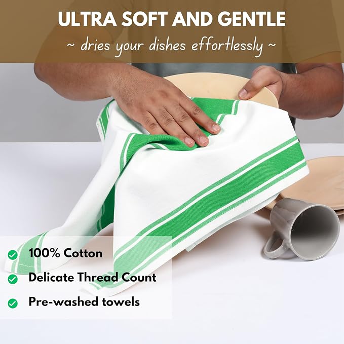 Native Fab Green Kitchen Towels 18 x 28 Inch, 6 Pack, Wide Stripe, Super Absorbent, Fast Dry, Soft, Cotton Dish Towels for Wiping Hands, Drying Dishes, Counter Cleaning Dish Cloth Set - Green