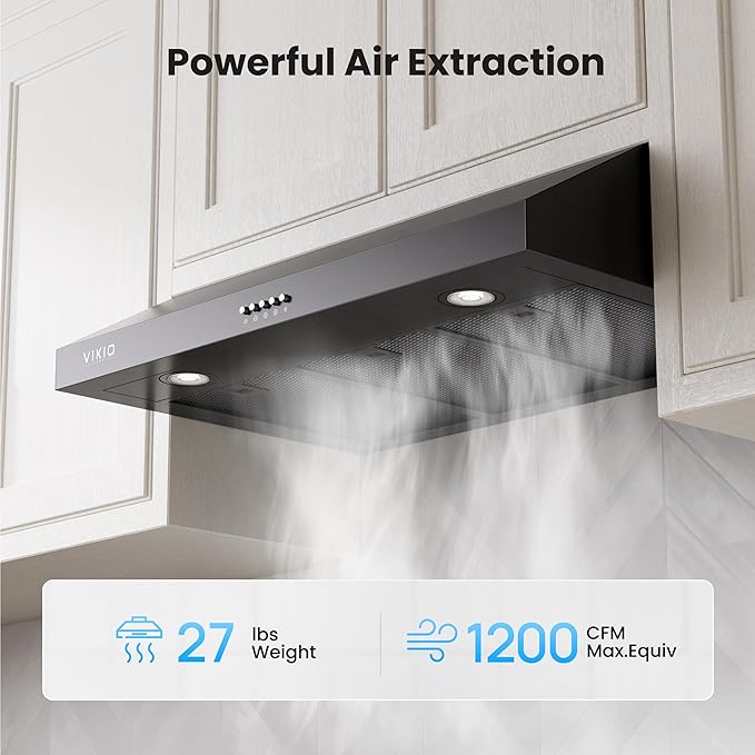VIKIO HOME Under Cabinet Range Hood 30 Inch, 1200 CFM Dual-Motor Kitchen Vent with LED Lights, Button Control, Ducted Stainless Steel Vent Hood, Reusable 5-Layer Aluminum Filters, Black
