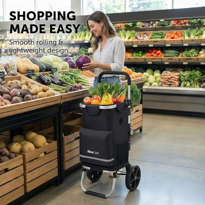 Foldable Shopping Cart with Wheels - Portable Grocery Cart on Wheels, Lightweight & Durable Cart for Groceries with Insulated Cooler, Adjustable Handle, 110 Lbs