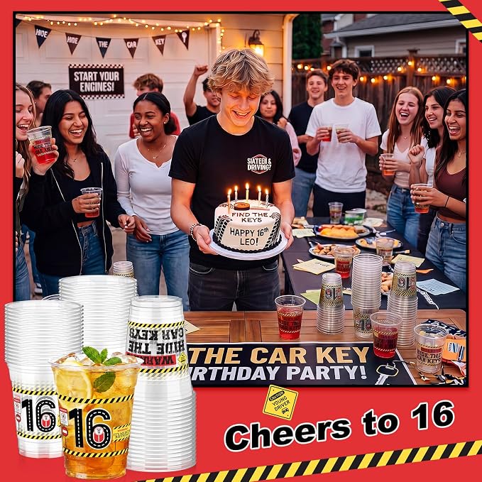 Jingmore 50 Pcs Birthday Plastic Cups 12 oz Birthday Disposable Plastic Cups Thick Clear Drinkware for Men Women Celebrate Party Supplies(16th)