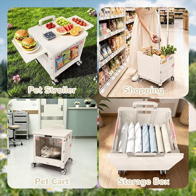 FELICON SELORSS Folding Utility Cart Portable Rolling Crate Handcart on Rotate Wheels with Magnetic Sliding Lid Telescoping Handle Lockable Transparent Front Panel for Travel Shop Office Teacher(Gray)