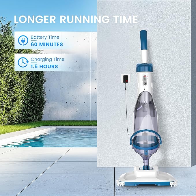 ENHULK Pool Vacuum for Above Ground Pool, Upgraded 13.4" Wide Head & Telescopic Pole, 18.5 GPM Powerful Suction, 60 Mins Runtime, Cordless Handheld Rechargeable Pool Cleaner for Inground Pools, PC15