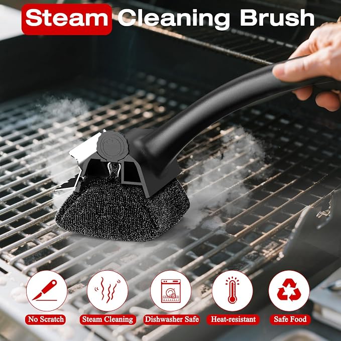 Grill Brush for Outdoor BBQ - Replaceable Bristle Free Heading and Reinforced Scraper - Safe BBQ Brushes for Porcelain/Gas/Charcoal/Smoker/Cast Iron Grill - Cleaning Brush(Black)