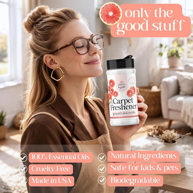 Merry & Gold Carpet Deodorizer & Freshener Powder | 16 oz (2 Pack) Grapefruit + Vanilla | Pet Odor Eliminator for Strong Odors & Pet Urine | Safe for Homes with Pets | Made in USA