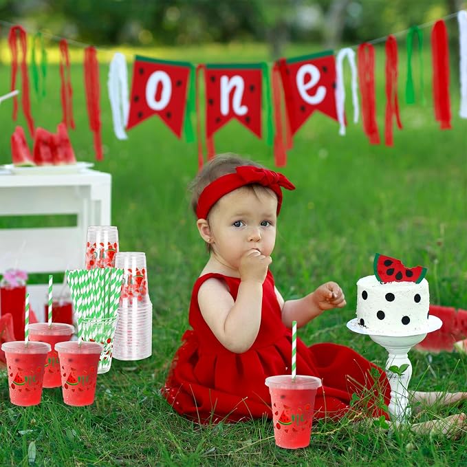 Whaline 50Pcs Watermelon Disposable Plastic Cups with Lids and Straws 12Oz Summer Fruit Cold Beverage Drinking Cups for First Birthday Baby Shower Party Supplies
