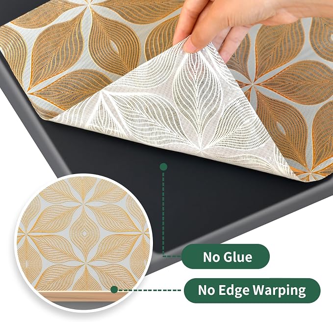 3D Drawer and Shelf Liner for Kitchen Cabinet: 12 in X 20 Ft Waterproof Shelf Paper Non Adhesive Refrigerator Liners Golden Leaf Easy Liners for Bathroom with Knife Tape Measure