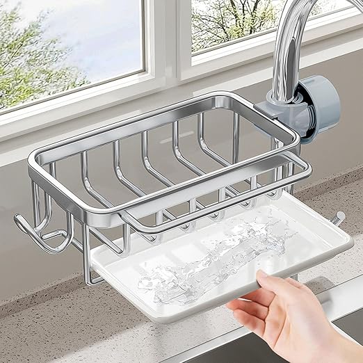 Kitchen Sink Faucet Organizer, Left Sponge Holder Over Faucet Sink Caddy with Drip Tray, Detachable Hanging Faucet Drain Rack for Scrubbers, Soap, Bathroom, Fits 0.7-1.1in Round Pipe (Silver)
