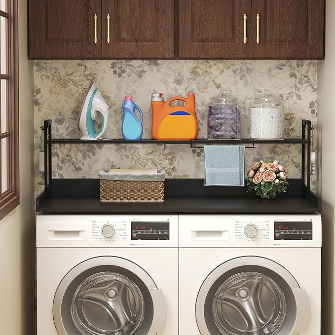 Lifewit Washer Dryer Countertop with Adjustable Shelf, Melamine Cover for The Top with Edge Rails, Towel Rack for Laundry Room Storage and Organization, Hold 200lbs, Black, 54" x 27.5"