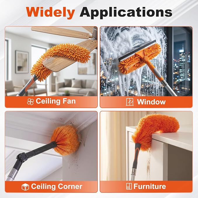 25 Foot High Ceiling Fan Duster Kit with 4.5-18ft Heavy Duty Extension Pole, Microfiber Feather Duster, Cobweb Duster, Ceiling Fan Duster and Window Squeegee, Long Dusters for Cleaning