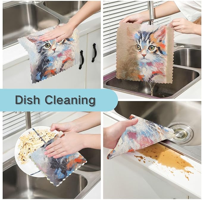 ALAZA Dish Towels - Cute Cat Oil Painting Kitchen Cloths Absorbent Soft Towel Set of 6, 11"x11"