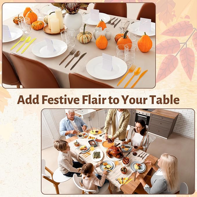 Kochorie 360 Piece Thanksgiving Plastic Cutlery Set Disposable Colorful Plastic Utensils Heavy Duty Flatware Set Include Orange Yellow Brown Knives Forks Spoons for Thanksgiving Party Wedding Birthday