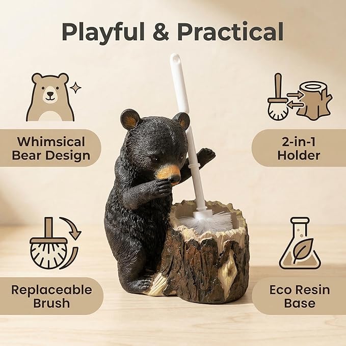 Whimsical Black Bear Toilet Brush Holder Set - Unique Cub Shape Decorative Bathroom Cleaning Kit for Cabin Owners, Bear-Themed Home Decor, Cozy Cabin Gifts