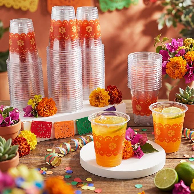 100 Pcs Cielito Lindo Plastic Cups 12 oz Mexican Disposable Plastic Copas De Barro Drinking Cups Bulk for Talavera Cielito Lindo Baby Shower Wedding Birthday Party Decoration Supplies