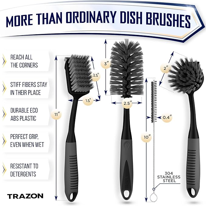 Dish Brush Set of 4 with Bottle Water Brush, Dish Scrub Brush, Scrubber Brush and Straw Brush + Scrub Brush Set of 3pcs, Cleaning Shower Scrubber, Grout Cleaner Brush, Scrub Brushes for Bathroom