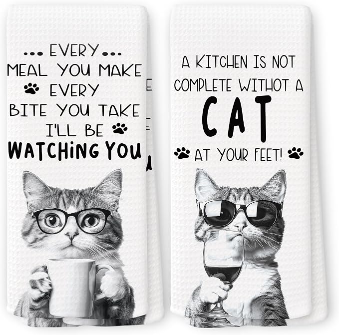 Funny Cat Kitchen Towels 16x24 Inch Set of 2 | Cat Mom Dad Lady Lovers Gifts for Women Men Dish Tea Towels for Kitchen, Pet Lover Gifts Decorative Hand Towel