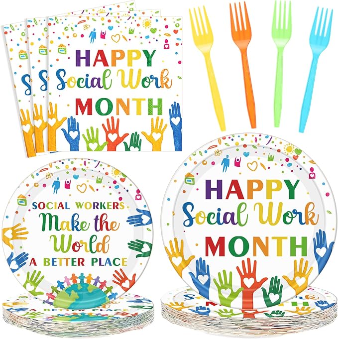 Remerry 96 Pcs Happy Social Work Month Party Supplies Social Workers Make the World a Better Place Tableware Disposable Thank You Employee Staff Paper Plates Napkin for Party Decoration