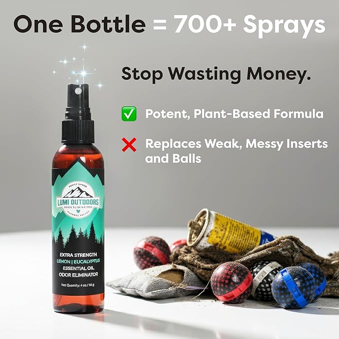 Lumi Outdoors Natural Shoe Deodorizer Spray (700+ Sprays) - Extra Strength Shoe Odor Eliminator for Smelly Shoes & Foot Odor - Replaces Shoe Balls & Inserts - Lemon Eucalyptus