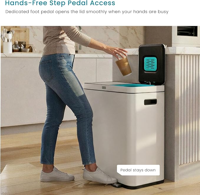 Home Zone Living 16 Gallon Kitchen Trash Can with Dual Compartments | Stainless Steel with CleanAura Odor Control, Soft-Close Step Pedal Lids for Recycling, White