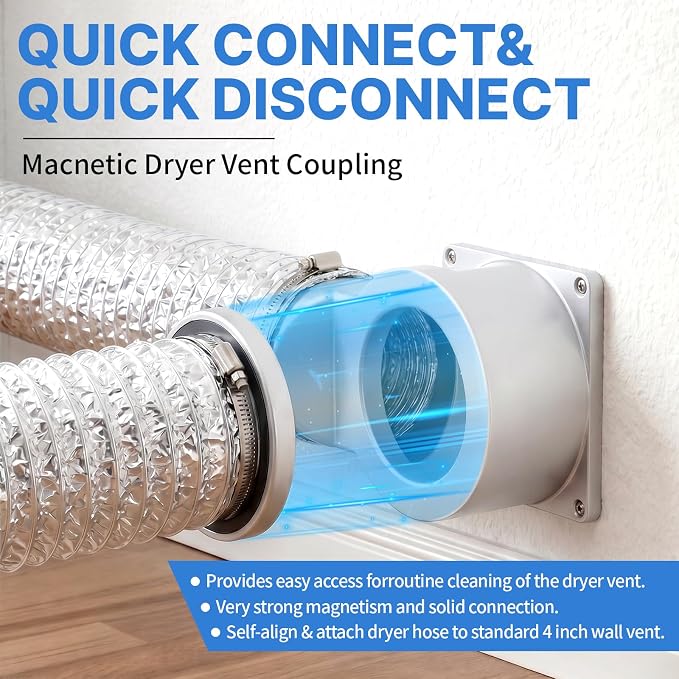 Magnetic Dryer Vent Connector Kit, DV90 Airtight Seal Coupling, 90-Degree Strong Magnet Quick Connection Self-Alignment Easy to Clean Included a 3.3 ft 4" Duct & 2 Clamps