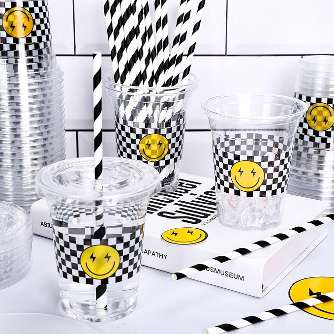 Whaline 50 Pcs One Happy Dude Disposable Plastic Cups with Lids and Straws 12 Oz Smile Face Checkered Cold Beverage Drinking Cups for Birthday Baby Shower Favors