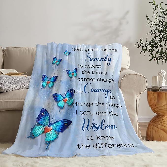 Tijuboni Christian Serenity Prayer Throw Blanket Blue Butterfly Gifts for Women Men Girls Boys Kids Adults Soft Flannel Fleece Blanket for Couch Sofa Bed Home Decor 50"x60"