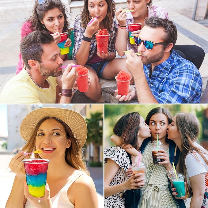 Reallnaive 100 Sets 16 oz Clear Slushie Cups with Dome Lids and Snow Cone Spoon Straws, Disposable Smoothie Cold Drinking Cups for Party Iced Coffee Cold Drinks Juice Milkshake