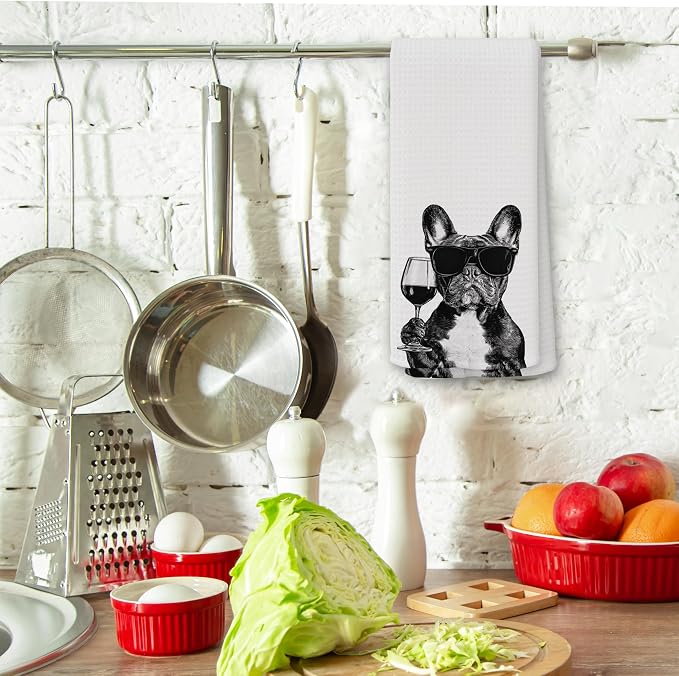 Funny French Bulldog Wine Kitchen Towels, Gifts for Dog Wine Lovers, Bar Accessories Dish Tea Towels for Kitchen, Dog Owners Housewarming Gift Decorative Hand Towel 16x24 Inch