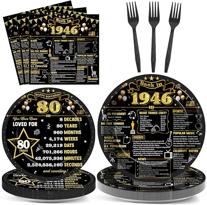 96Pcs 80th Birthday Plates and Napkins Back in 1946 Party Decorations Black Gold 80 Year Old Party Dessert Plates 1946 Birthday Tableware for 24 Guests 80th Theme Men Woman Bday Parties Supplies