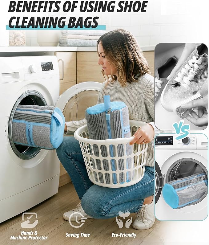 Shoe Washing Machine Bag, 4 Pack Shoe Cleaning Bag for Washer and Dryer, 360° Deep Cleaning Reusable Shoes Laundry Bags for Sneakers with Zipper Protection and Side Mesh Pouch, Gray