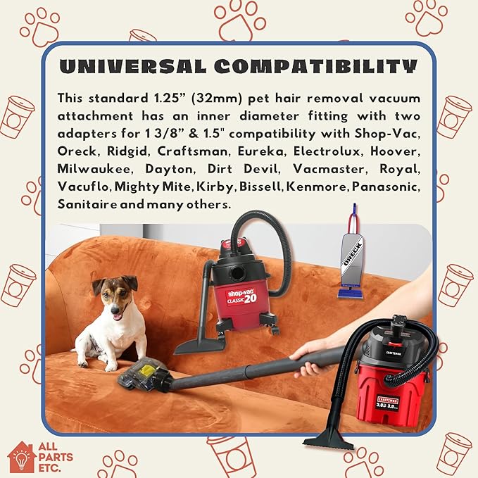 Pet Hair Removal Turbo Brush Vacuum Tool, Pet Hair Vacuum Attachment & Two Adapters for 1 3/8” 1-1/4" & 1.5" Compatibility with Shop-Vac, Shark, Miele, Bissell, Hoover, Eureka