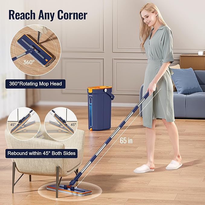HoMettler Mop and Bucket Set with Wringer, 3-Tank Flat Mop and Bucket System, Wall Mop Cleaner with Long Handle, Hands Free Mops for Floor Cleaning with 4 Microfiber Pads