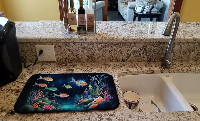 Caroline's Treasures Bioluminescent Fish Dish Drying Mat Absorbent Dish Drying Mat Pad for Kitchen Counter Dish Drainer Mat for Countertop, 14 x 21", Multicolor