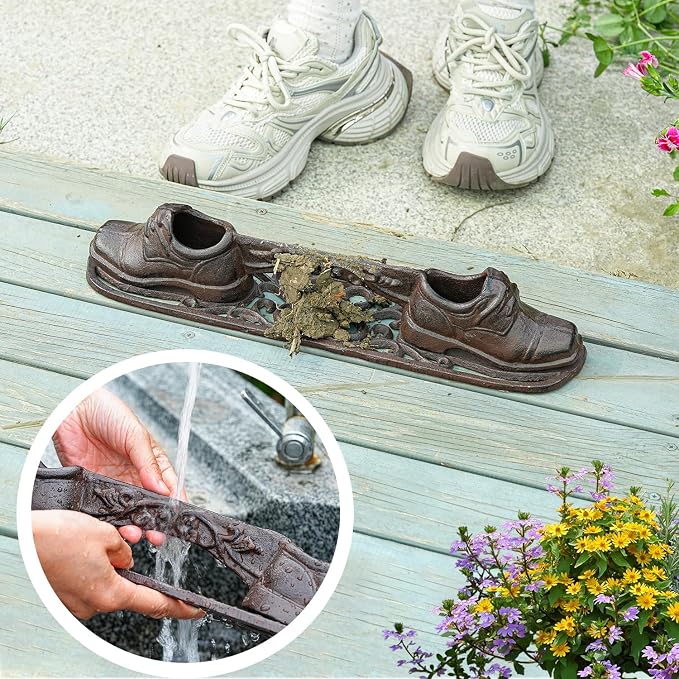 Sungmor Vintage Cast Iron Boot Scraper,Heavy Duty Rustic Brown Shoes Boot Cleaner,Farmhouse Front Door Shoe Scrubber Mat,Decorative Garden Mud Cleaner