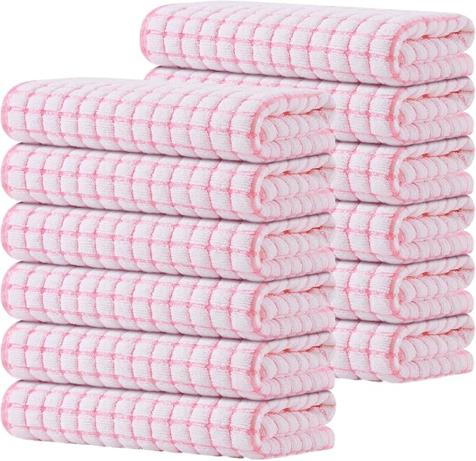 Kitinjoy Cotton 12 Pack Terry Kitchen Towels, 16 x 25 Inches Super Soft and Absorbent Dish Towels, Quick Drying Hand Towels for Kitchen Drying, Pink