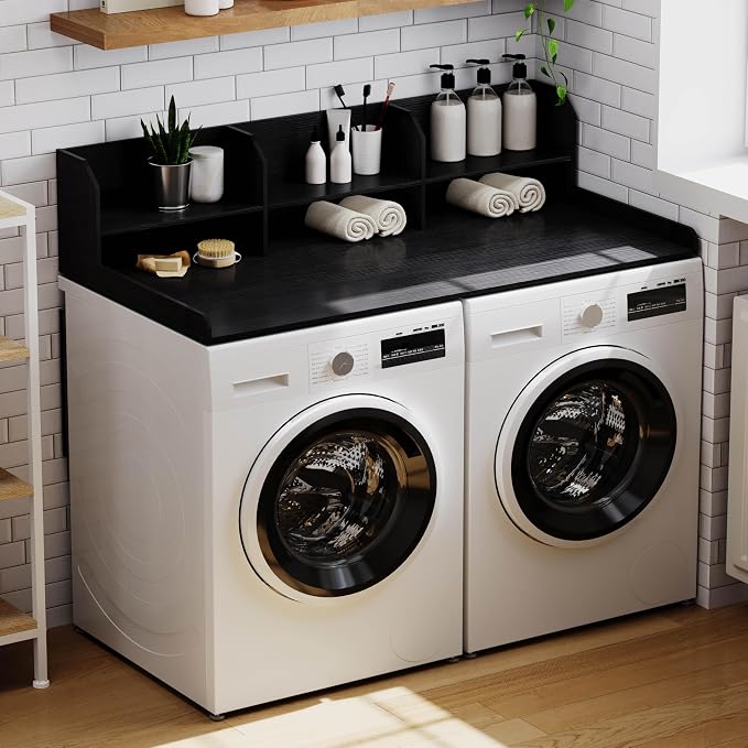ChooChoo 2-Tier Washer Dryer Countertop with Adjustable Shelf, Spacious Laundry Room Storage for Folding Clothes and Efficient Organization, Black