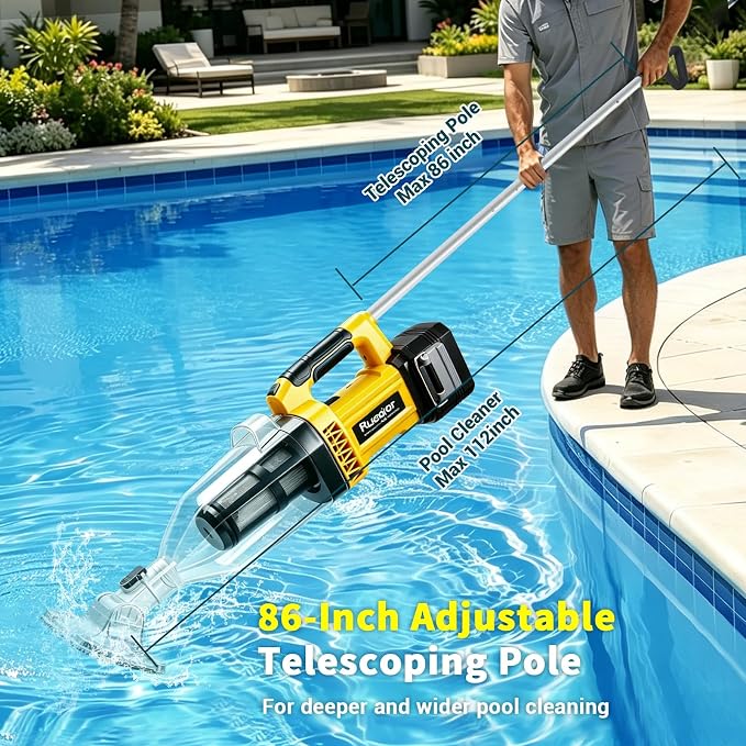 Pool Vacuum for Above Ground Pool Compatible with Dewalt 20V Battery, Cordless Pool Cleaner with 86' Extension Pole, 18.5 GPM Beast-Level Suction Efficient Leaf and Debris Removal (Tool Only)