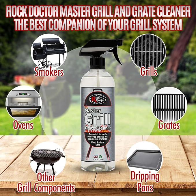 Rock Doctor Master Grill Grate Cleaner, 24 oz. Cleaning Spray for Drip Pans, Oven Grates, Smokers, and Components, Non-Abrasive Liquid Solution Removes Grease, Grime, and Dried Food – Pack of 1