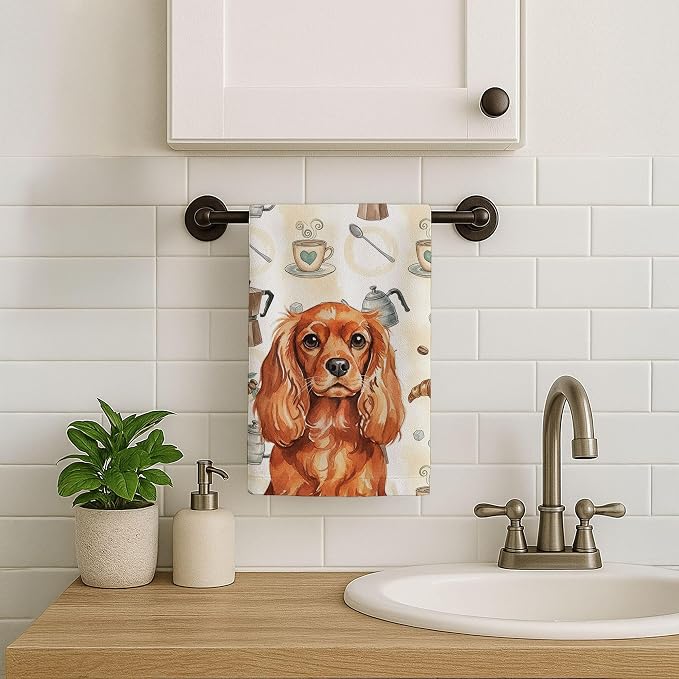 Caroline's Treasures Ruby English Toy Spaniel Coffee Bar Kitchen Towel Velour Plush Front and Cotton Loop Back Machine Washable
