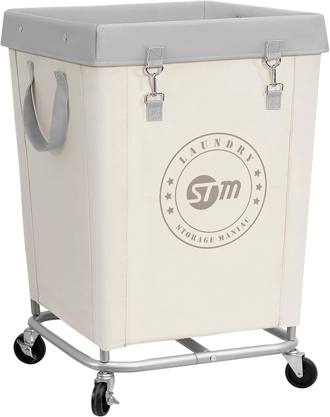 STORAGE MANIAC Commercial Laundry Hamper with Heavy Duty Steel Frame, 160 L Industrial Clothes Basket Cart with Wheels for Hotel, Home, Laundry Room, 18''L x 18''W x 31''H, Medium Beige