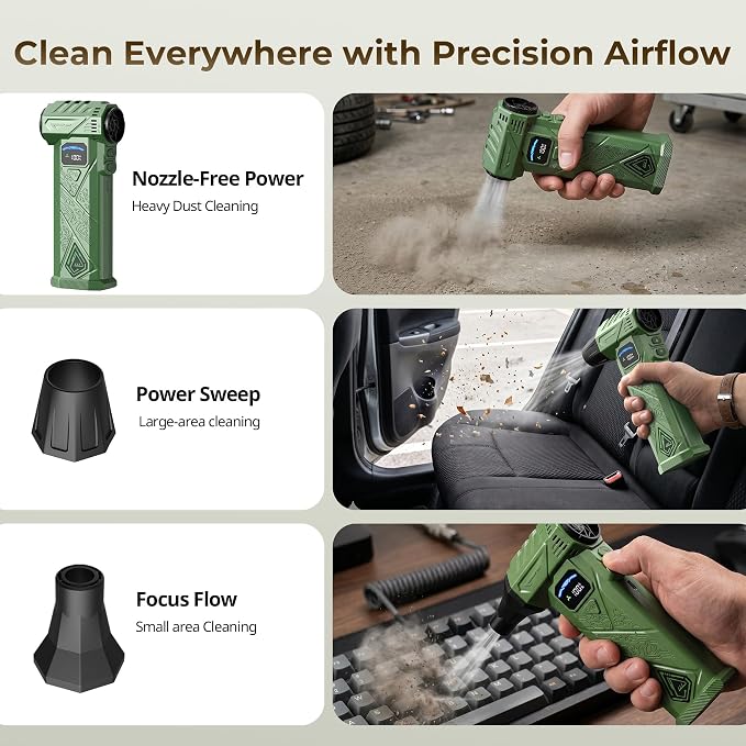 Compressed Air Duster, 130000RPM High-Speed Electric Air Duster with Smart LED Display & Stepless Speed Control, Rechargeable Cordless Air Blower for PC Keyboard, Car & Home Cleaning (Green)