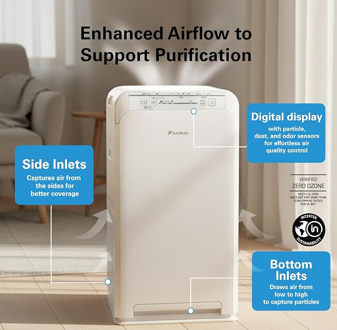 Daikin MCB50YSAU Room Air Purifier for Home, HEPA, Activated Carbon, Pre-Filter and UVC LED Light, Zero Ozone Product, CARB Certified, 10.5 x 10.5 x 19.5 in
