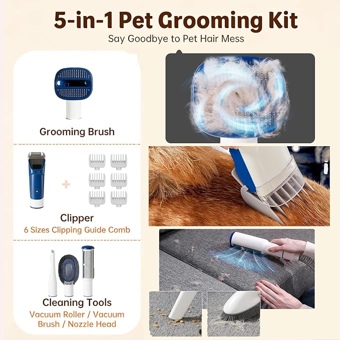 Simple Deluxe 10000Pa Strong Pet Vacuum for Shedding Grooming Kit with Hair Clippers & Shedding Brush, Dogs & Cats Hair Remover Vacuum with 2.5L Dust Cup, 3 Levels, 5 Grooming Tools，Low Noise, Blue