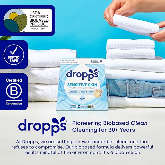 Dropps Sensitive Skin Laundry Detergent Pods, Unscented (36 Ct) - Hypoallergenic & Dermatologist Tested | Free & Clear | Laundry Pods for Sensitive Skin | Clean Ingredients | Plastic Free Packaging