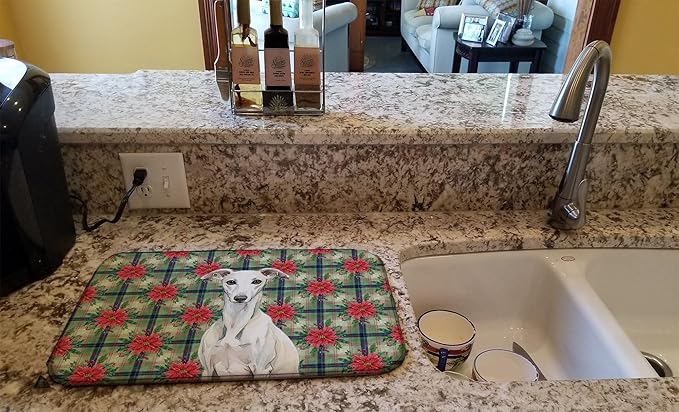 Caroline's Treasures White Whippet Christmas PoinsettIas Dish Drying Mat Absorbent Dish Drying Mat Pad for Kitchen Counter Dish Drainer Mat for Countertop, 14 x 21", Multicolor