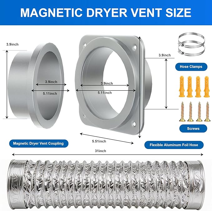 Magnetic Dryer Vent Connector Kit, Self-Alignment Magnetic Dryer Vent Coupling Strong Airtight Seal Magnet Dryer Vent Quick Connect Disconnect Easy to Clean 4" Exhaust Vent Hose