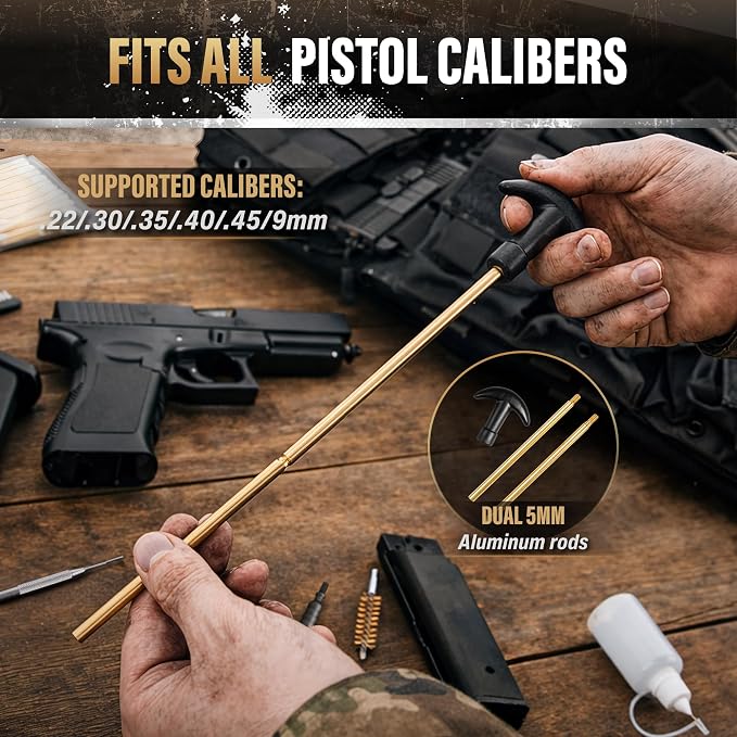 GLORYFIRE Universal Gun Cleaning Kit Fits .22 .357/9mm .38 .40 .45 Cal Handguns & Pistols Compact Carrying Case for Portability Multiple Styles with Brass or Plastic Jags & Tips for Shooting and Range