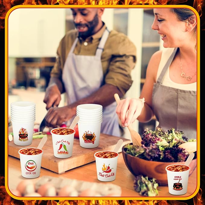 600 Pcs 5 oz Chili Cook off Party Decorations Include 300 Pcs Disposable Paper Chili Tasting Cups and 300 Pcs Wooden Spoons for Chili Cook off Decorations Party Supplies