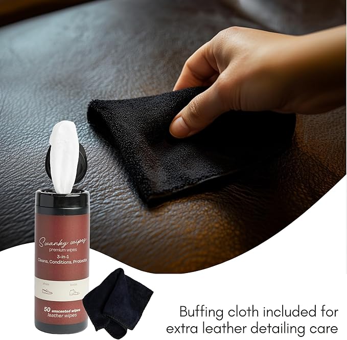 Swanky Leather Wipes - Leather Cleaner and Conditioner for Purses, Shoes, Furniture Polish & Car Seats, Prevents Fading & Cracking, Restores Softness & Shine - Canister, 100 Count